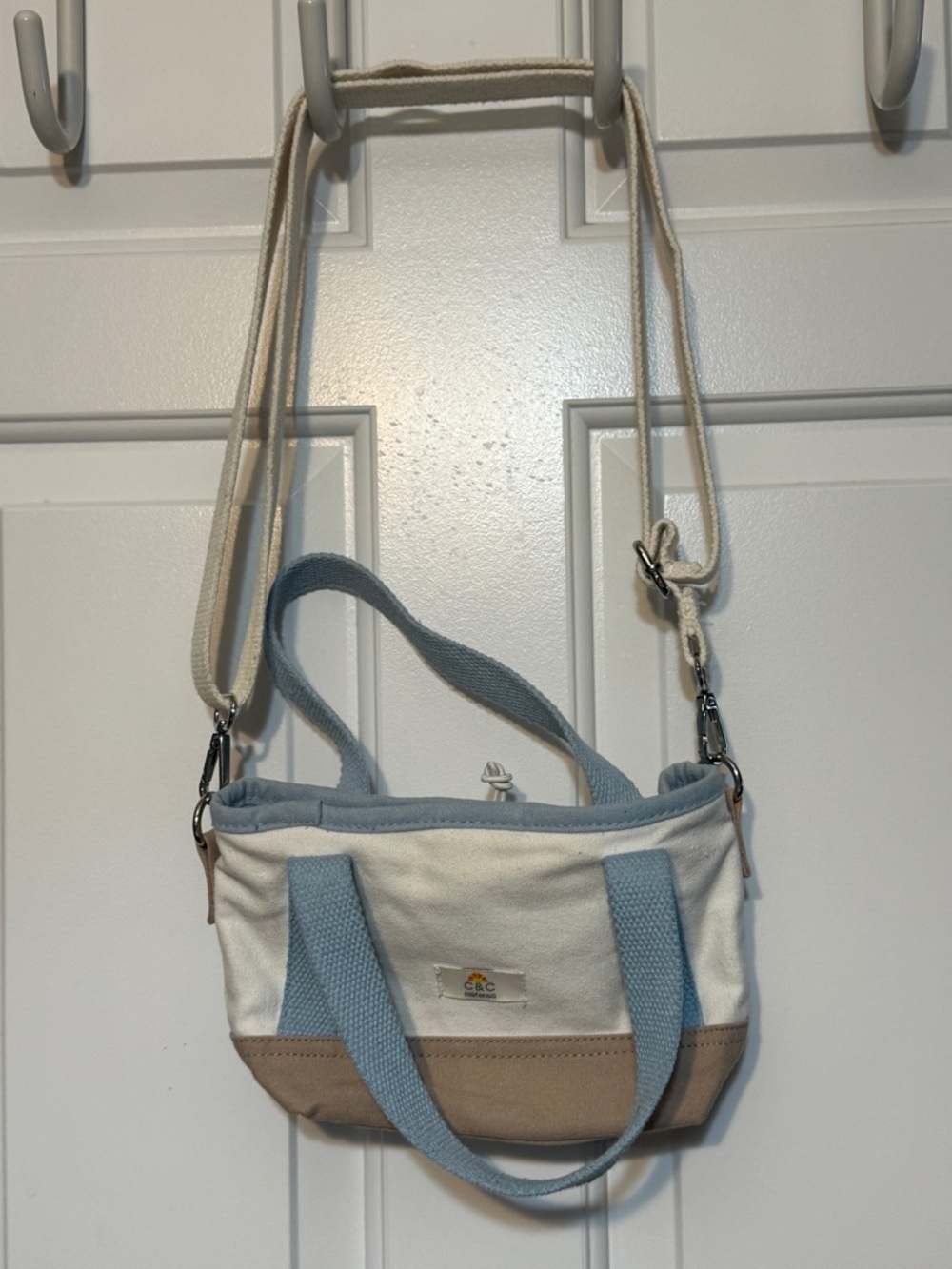 C&C California Cream and Light Blue Mini Canvas Crossbody Tote